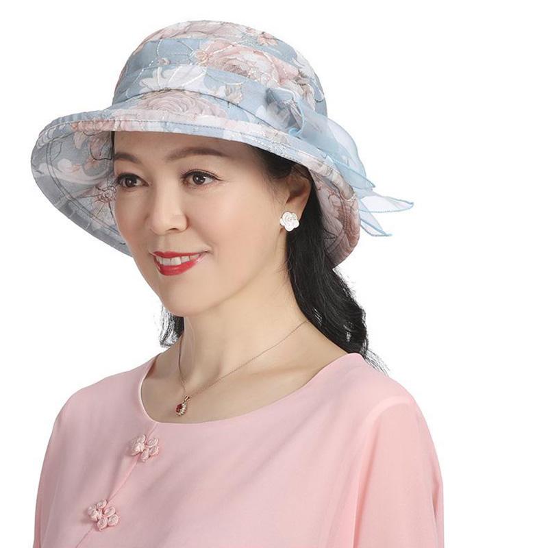 Women's Mesh Bow Flower Hat Spring Autumn Mother Sunscreen Pot Hat Thin Middle-aged Elderly Sun Hat Breathable Large Edge Shade Fisherman Hat