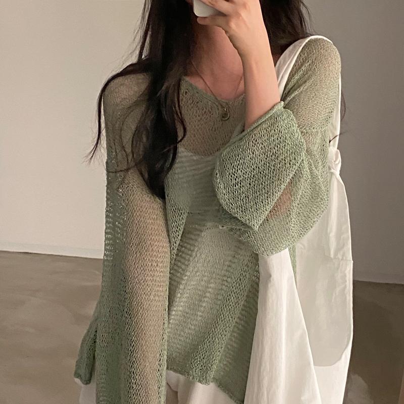 Women Casual Pullover Sweaters Lazy Style Long Sleeve Jumpers Knitted Tops Hollow Out Sexy Irregular Thin Sun Protection Knit Top Female Loose Blouse