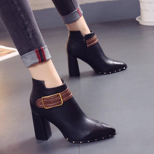 Fashion Ankle Boots Women Square High Heels Slip On Pointed Toe Flock Leather Ladies Warm Shoes