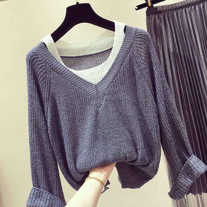 Women's Pullover Sweater Fake Two-piece Sexy Off-the-shoulder Sweater Women's Long-sleeved Loose Sweater Bottoming Top