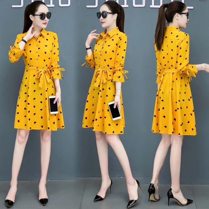 Spring  Autumn Women Heart Printed Long Sleeve Shirt Dress OL Style Knee-length  A-line Dress Plus Size M-5XL