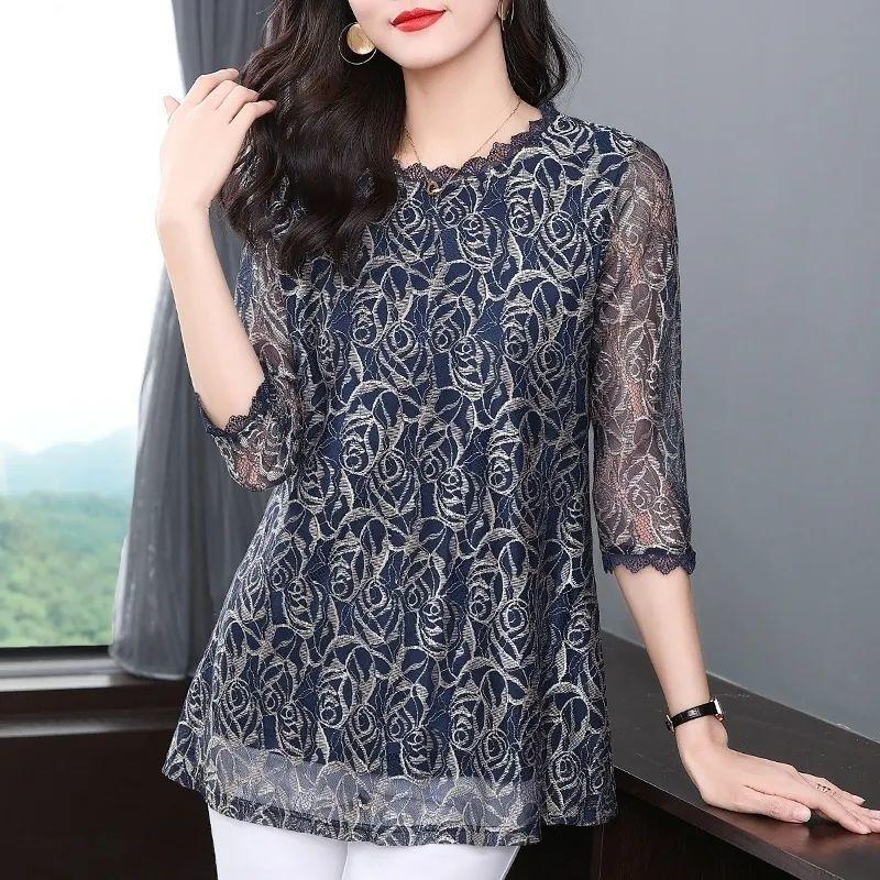 Three-quarter Sleeve Lace Bottoming Shirt Women's Mid-length Mid-sleeve Large Size Hollow Loose Mesh Top