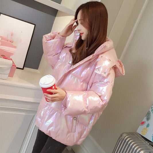 Women's Shiny Short Down Jacket Winter Korean Style Loose Quilted Jacket Casual Stand-collar Padded Jacket