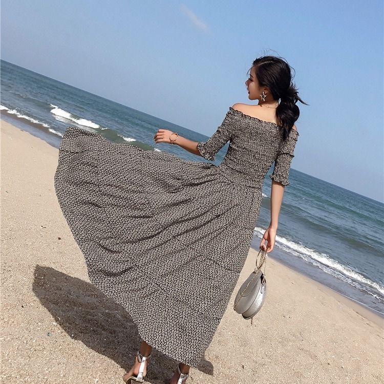 Woman Bohemian Sexy Floral Off-shoulder Dress  Elastic Bust High-waist Dress Long Maxi Party Dress