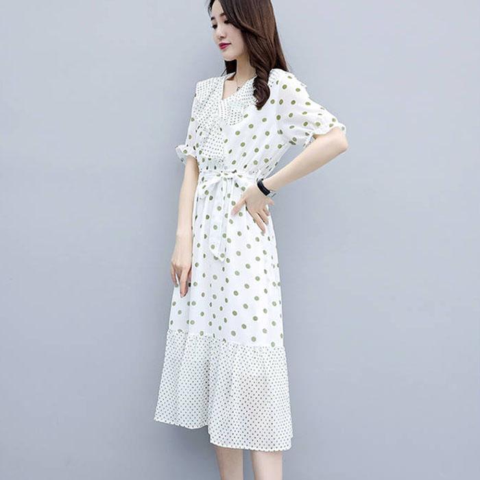 Women Chiffon Polka Dot Dress Slim Short Sleeve V-Neck A-line Vacation Beach Sun-dresses