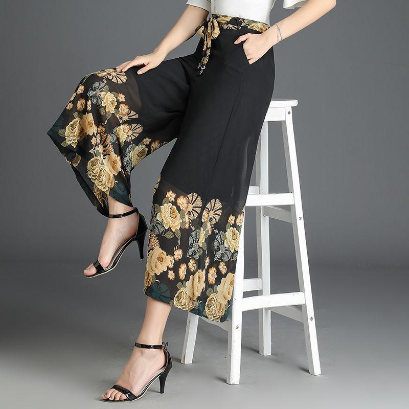 WTEMPO Women Floral Chiffon Ankle-Length Pants Wide-leg Pants Loose High Waist Trousers Cool and Breathable