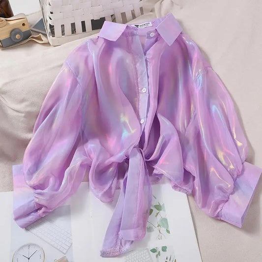 Rainbow Shiny Chiffon Shirt Sun Protection Shirt Loose Long Sleeve Cardigan Women's Thin Coat Casual Top  Women Shirts