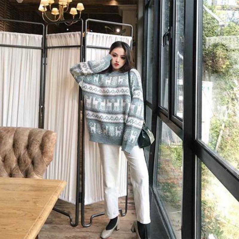 Pofulove Christmas red sweater women retro lazy loose retro net red mid-length pullover thickened