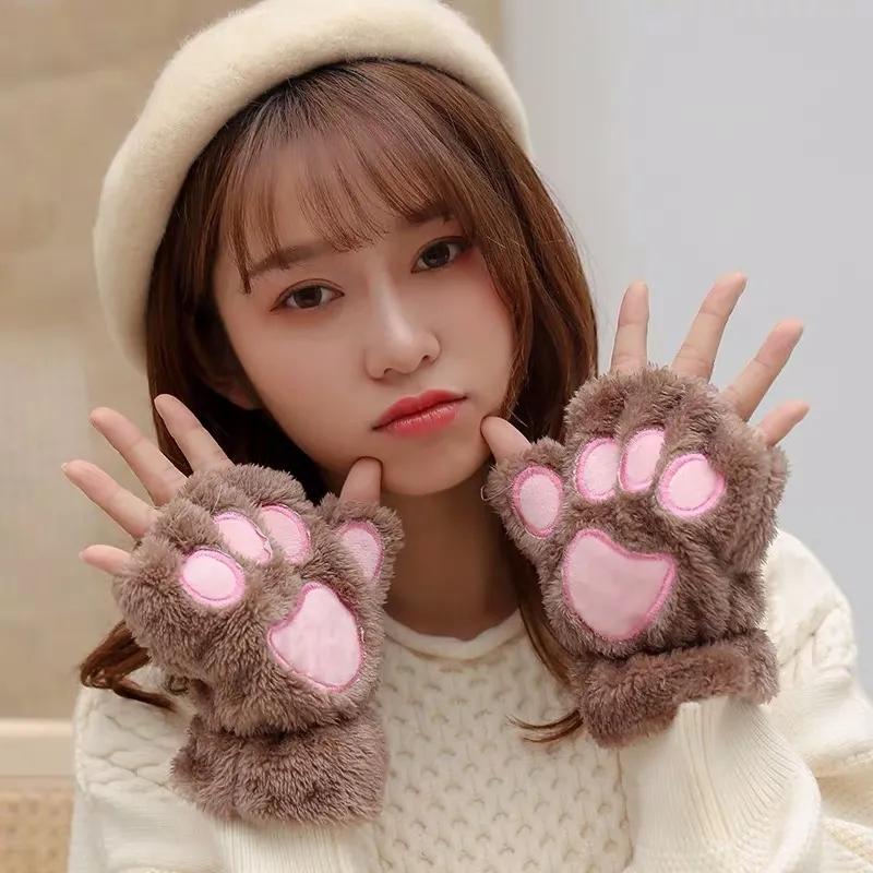 Women's Winter Cartoon Cute Cat's Claw Gloves Korean Style Plush Mittens Plus Velvet Thickening Warm Half-finger Gloves Writing Office Gloves