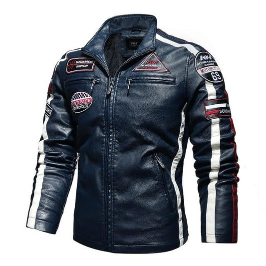 Winter Leather Jacket Men Stand Collar Motorcycle Retro Velour PU Jackets Embroidery Printing Big Size Mens Zipper Coats