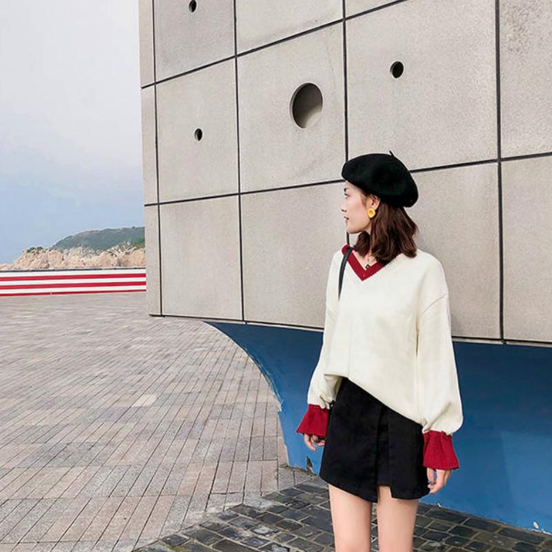 Pofulove Pullover Sweater V-neck Flared Sleeve Loose Autumn Winter Sweet Korean Knitting Sweater