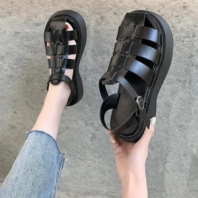 Hollow Baotou Wild Buckle Belt Sweet and Fresh Thick-soled Simple Sandals Women's Roman Shoes Women's Thick-soled Non-slip Sandals