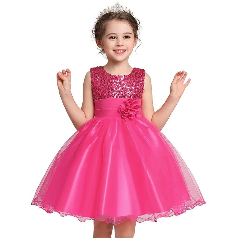 European and American Girls Fluffy Dress with Sequined Flower Long Skirt Princess Birthday Party Noble Dress