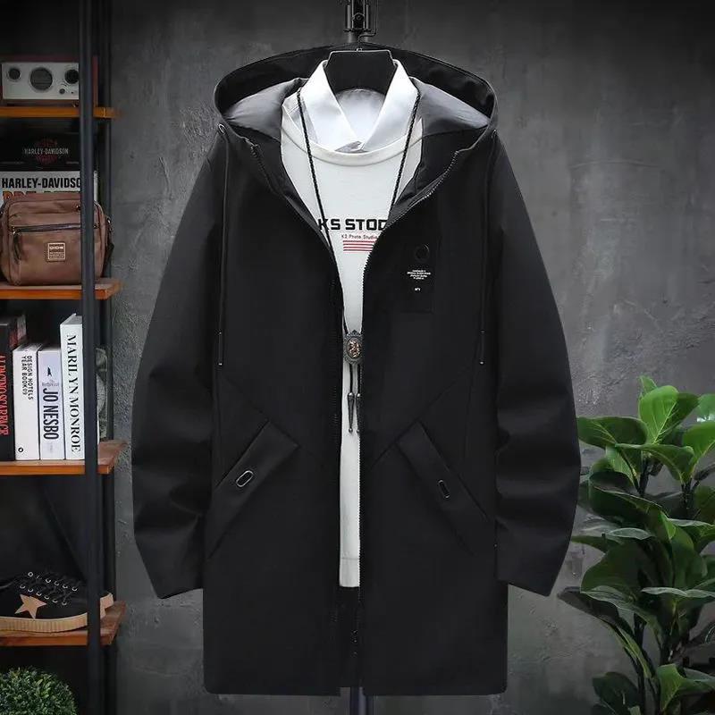 Spring & Fall Men Jacket Long Hooded Coat Casual Loose Windbreaker Solid Color Trend Parka for Youth