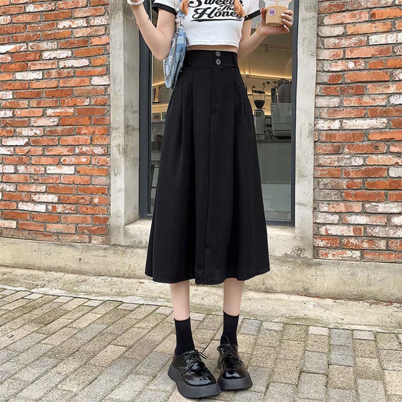 Korean Version of Spring Clothing Solid Color Fashion Two Button Design High Waist Slim Skirt A-line Midi Skirt Women's Trend