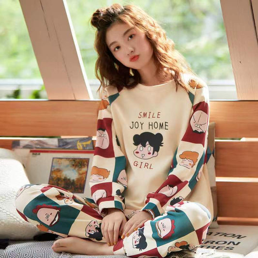 Women's Pure Cotton Long-sleeved Pajamas Set Simple Cartoon Printing Round Neck Loose Thin Casual Homewear Set Soft Comfortable Pjs Sleeping Suit