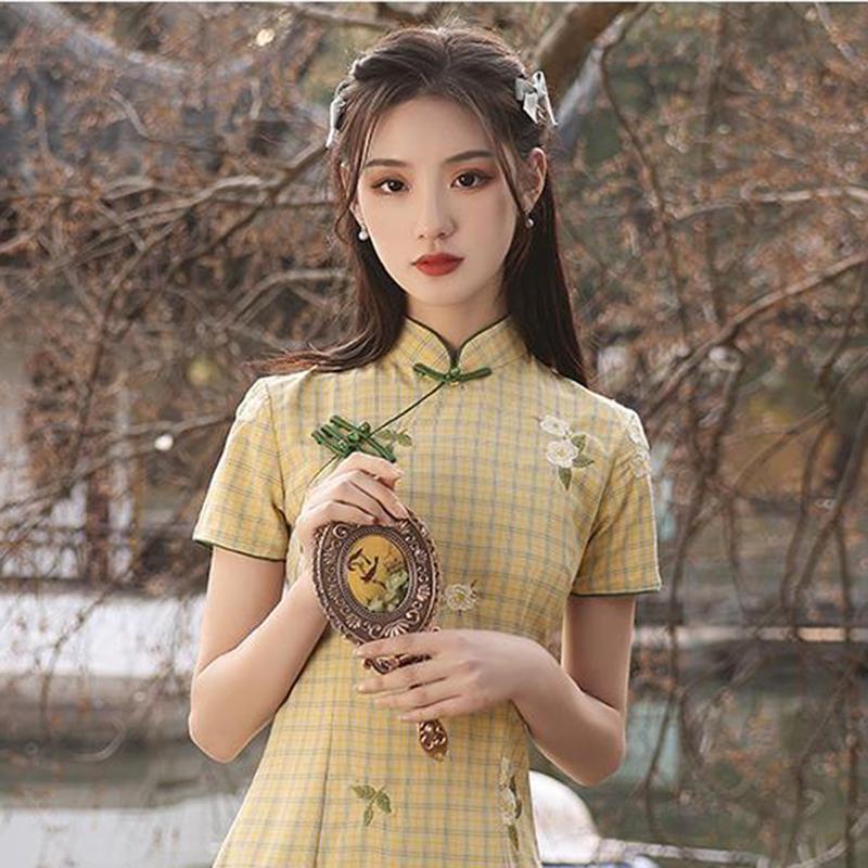 Improved Cheongsam Women's Summer Yellow and Green Plaid Daily Wear Young Girls Short Dresses