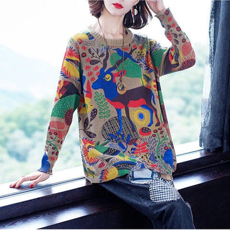 Bohemian Printed Sweater Female Soft Pullover Sweater Loose O-neck Jumper Knit Outwear