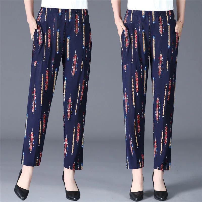 XL-5XL Women's Spring and Summer Elastic Waist Wide Leg Printed Casual Pants Female Plus Size Loose Simple Thin Cropped Pants