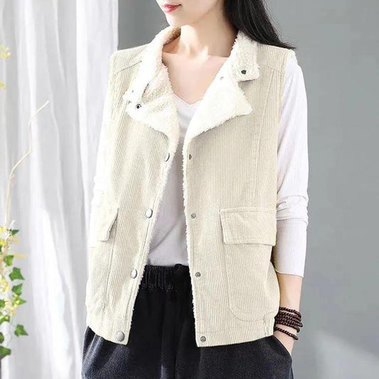 Retro Corduroy Vest Women's Plus Velvet Thick Lamb Fleece Sleeveless Autumn and Winter Suit Collar Jacket