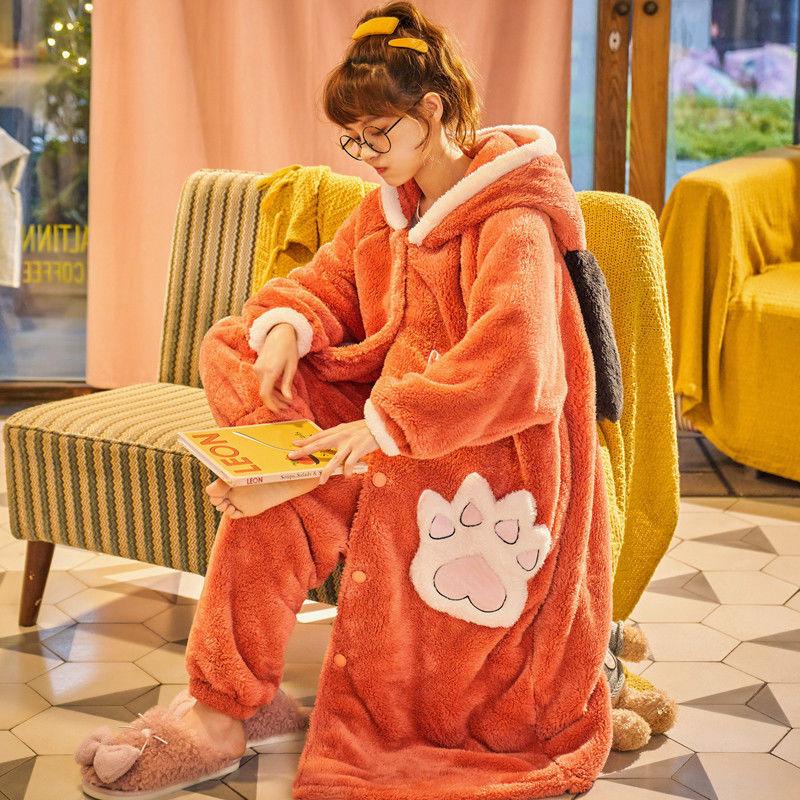 Large Size Thick Coral Fleece Warm and Skin-friendly Soft Pajamas for Women In Winter Long Cute Cartoon Can Be Worn Outside The Robe Can Be Washed