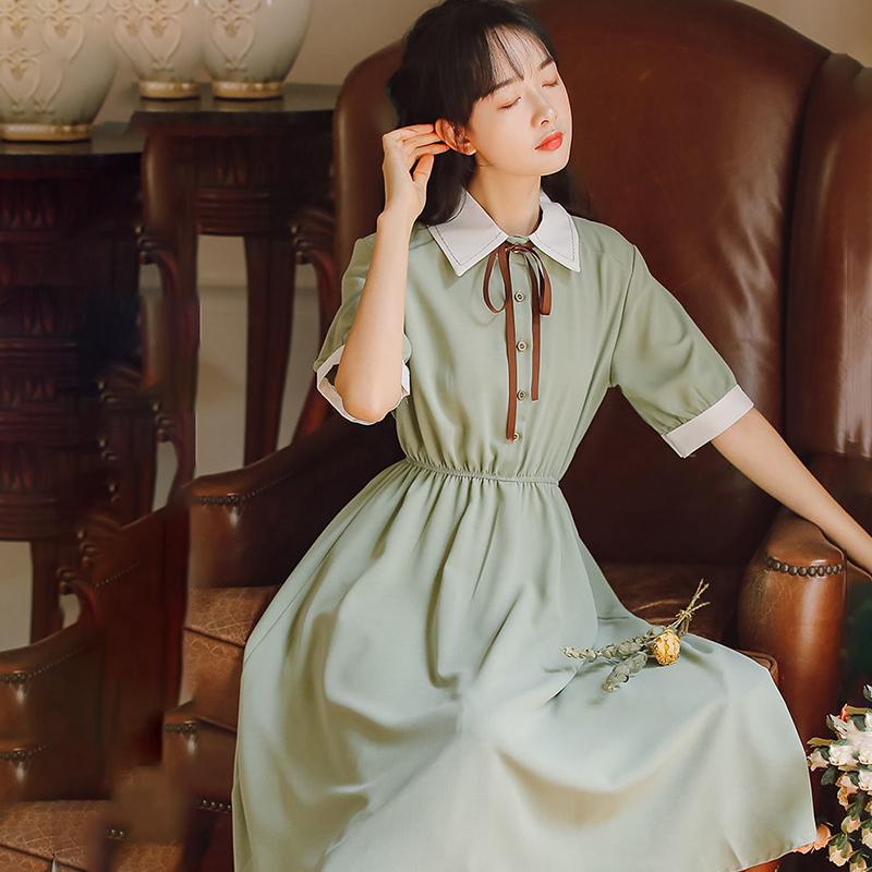 College Style Retro Slim Waist Temperament Dress Female Short-sleeved Mid-length Skirt A-line Skirt Bow Decoration Sweet and Cute