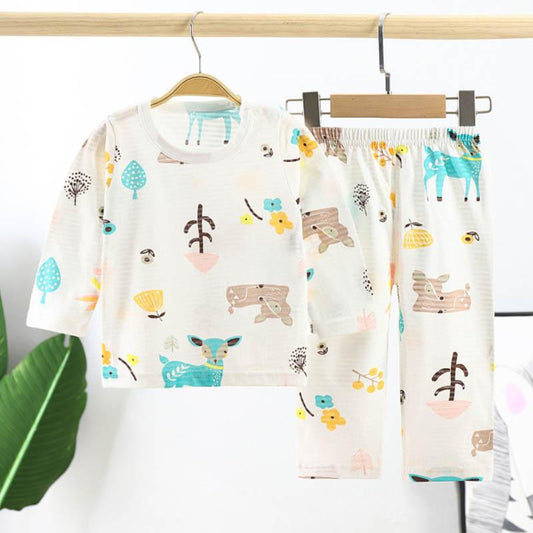 Children's home clothes set cute printing air-conditioning clothes long-sleeved boys and girls pajamas summer cool breathable leisure two-piece set