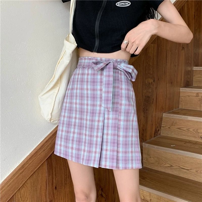 Bow School Girl Women High Waist Pleated Skirt  Plaid A-Line Flare Skater Short Skirt Uniforms Cosplay Sweet Girls