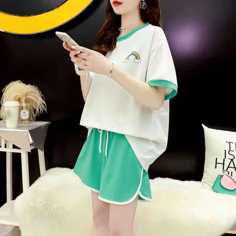 Two-piece Small Fresh Sports Style T-shirt Suit Women's Summer Casual Short-sleeved Top Shorts Sweet and Cute Ladies Sports Suit