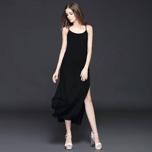 Sexy Maxi Dress Summer round Neck Spaghetti Strap Dress Blackless Elastic Long Dress for Party