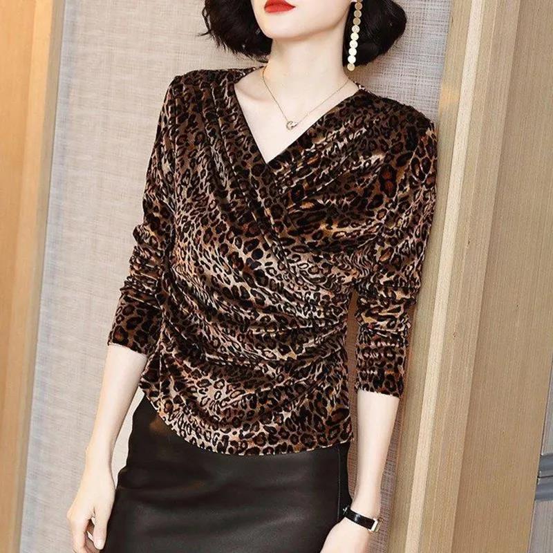 Women Elegant Golden velvet Blouse Front Cross Wrinkle Sexy Deep V-neck Long Sleeve Casual Tops Autumn  Pullover