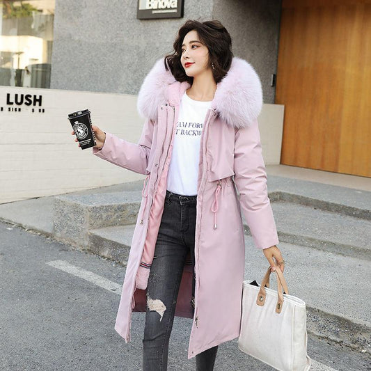 Winter Big Fur Collar Waist Waist Was Thin Ladies Over The Knee Long Temperament Fashion Trend Cotton Jacket