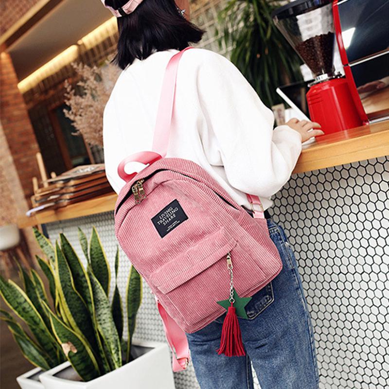 Corduroy Backpack for Women Cute Tassel Student School Bag Casual Knapsack