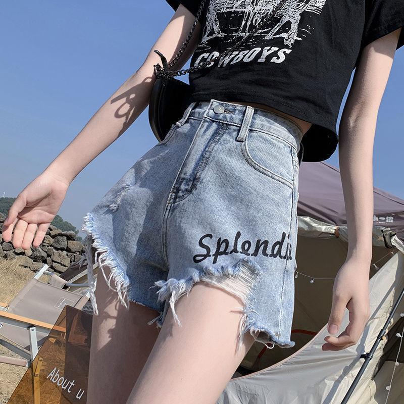 WTEMPO Ripped Jeans High Waist Denim Shorts Women Loose Wide Leg A-line Thin Curled Bottom Casual Shorts