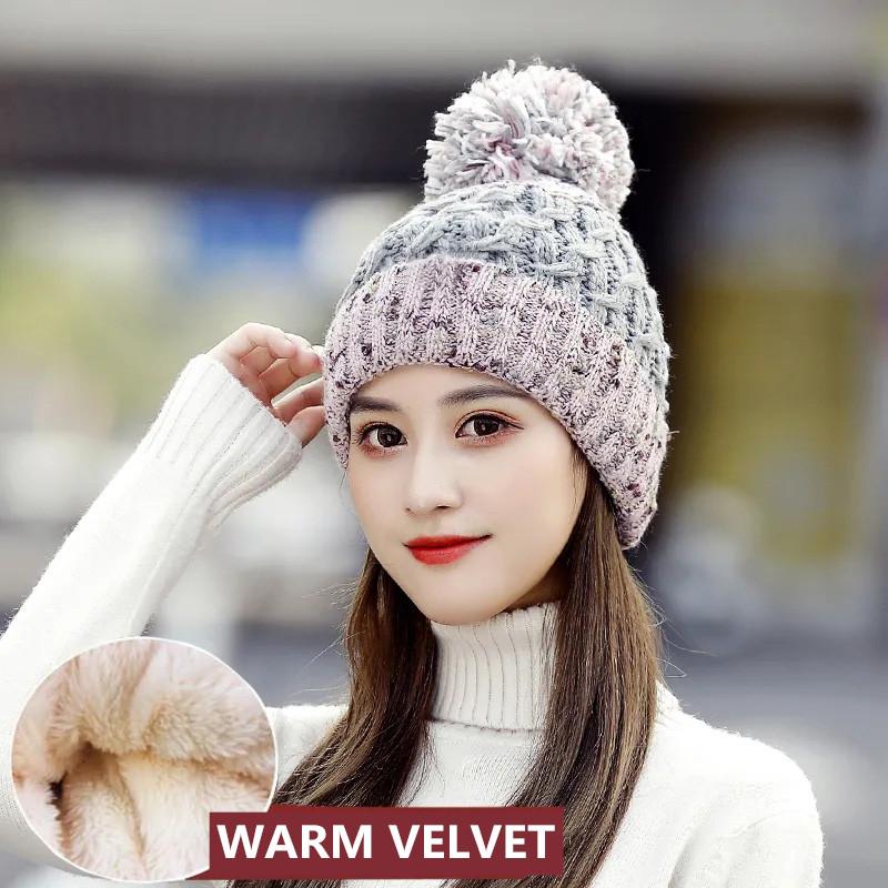 Women's Woolen Hats for Autumn and Winter Warm Knitted Hats Korean Style Student's Hats Leisure Trend Fur Ball Top Cap Female Thick Velvet Padded Hats