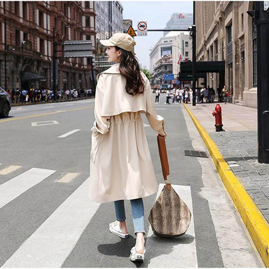 Lining Spring and Autumn Fashion Thin Section British Style Coat Waist Was Thinner Mid-length Women's Windbreaker