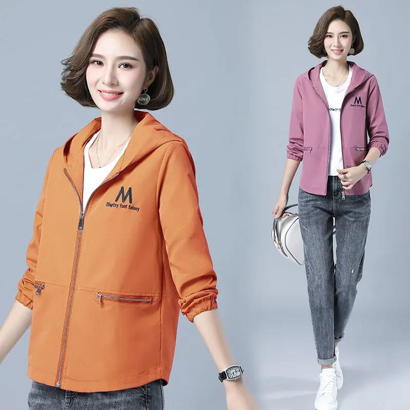 Hooded Five Tone Windbreaker Jacket Zip Pockets Coats and Jackets  Autumn Women Clothes Long Sleeves Outwear