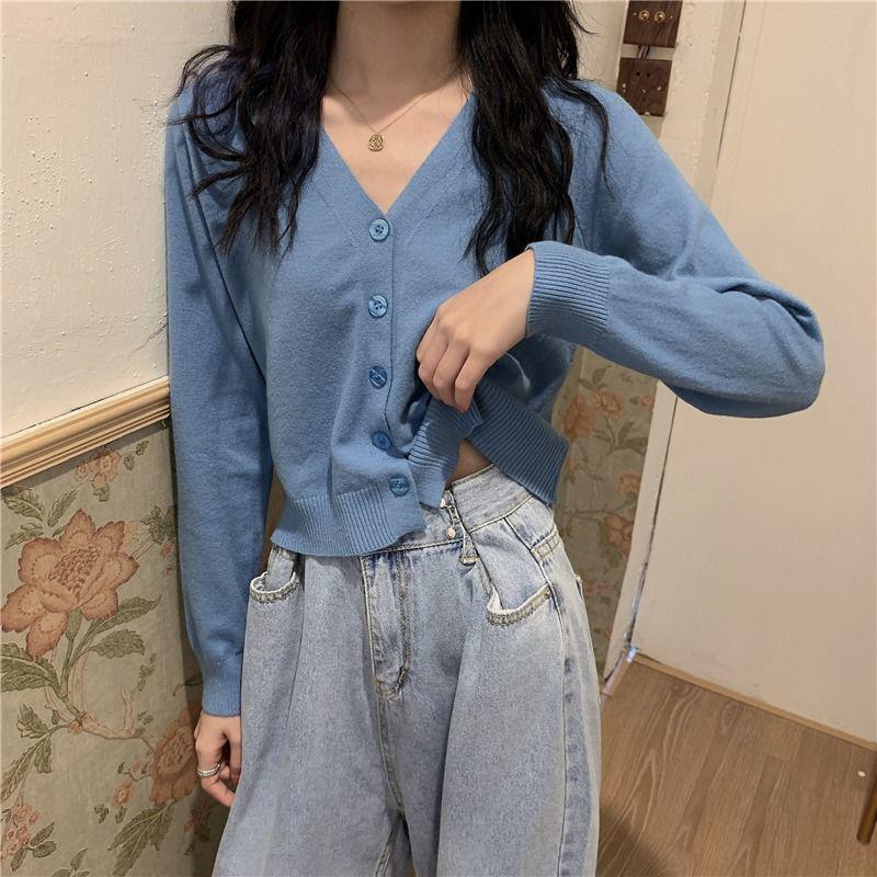 Spring and Autumn Style V-neck Cardigan Jacket Long Sleeve Thin Slim Sweater Short Sleeve Sweater Women Trendy