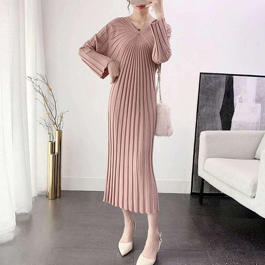 Autumn and Winter Long Knitted Dress Slim Fashion V-neck Sweater Dress Solid Color Women's Pleated Dress