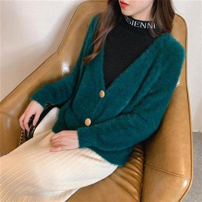 Autumn and Winter Casual Mohair Top Loose V-neck Knitted Sweater Cardigan Button Female Jacket