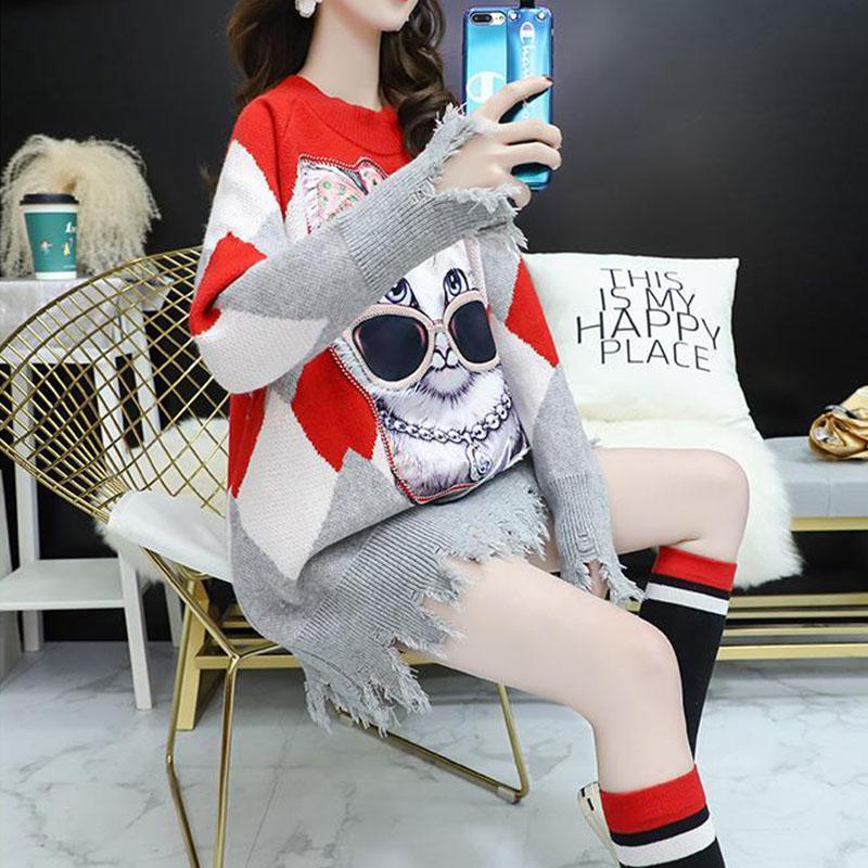 Autumn and Winter Mid-length Pullover Women Loose Casual Cartoon Print Tassel Sweater Jumper Outer Wear