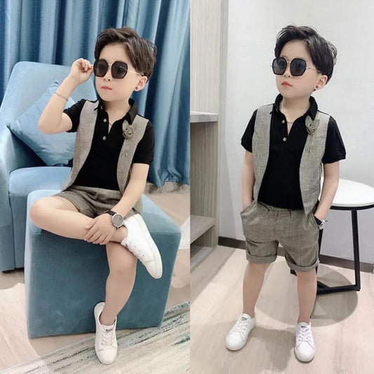 Baby Boy Short-sleeved Boy Suit Two-piece Western-style Dress Summer Boy Shirt Polo Catwalk Children's Clothing