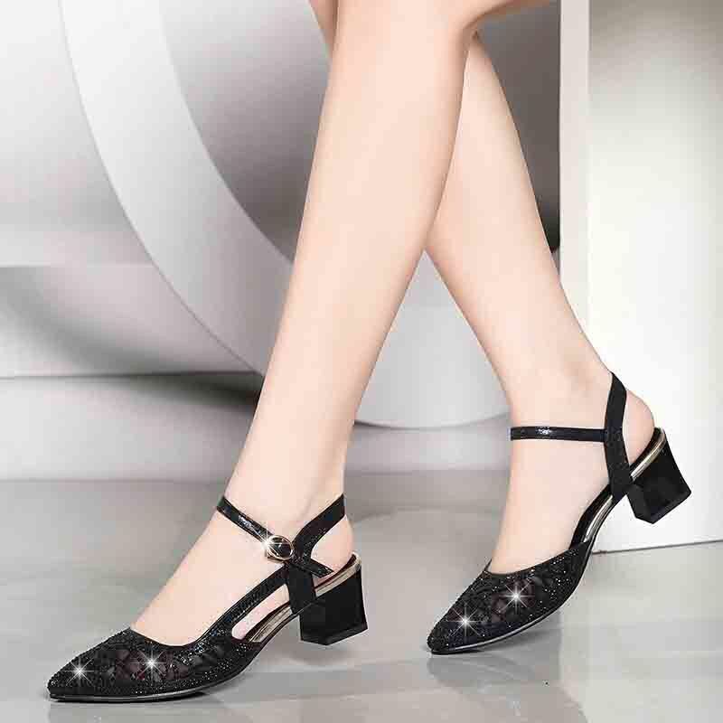 Soft Leather Sandals Women Summer Mesh Thick Heel Single Shoes Women Fashion Mid-heel Toe Caps Breathable