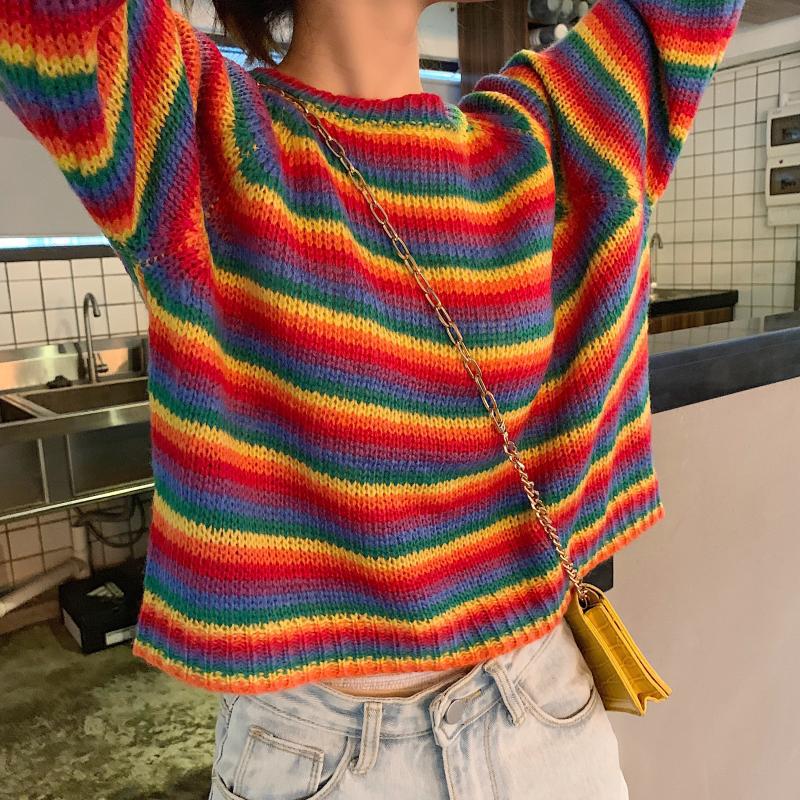 Short Rainbow Striped Sweaters Women Jumpers Knitted O-neck Loose Pullover Long Sleeve Knit Sweater Winter Female