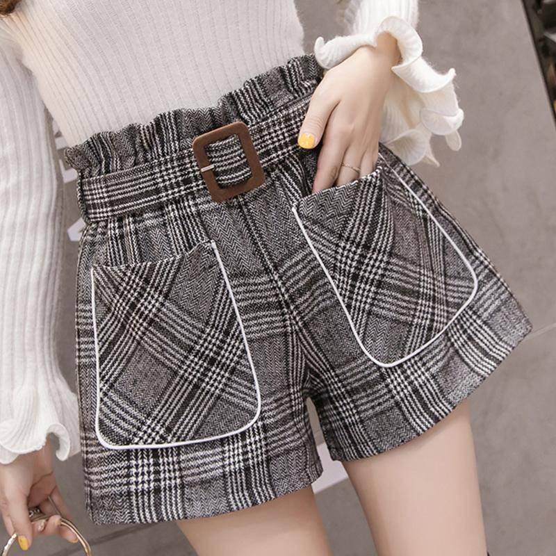 Shorts Ladies Wear Autumn Winter High Waist Wild Loose Plaid Winter Boots Pants Wool Wide Leg Pants