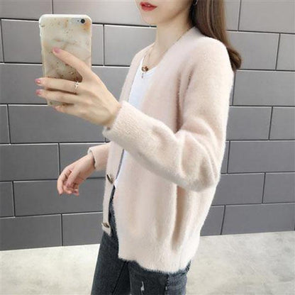 Autumn and Winter Mohair Knitted Jacket Cardigan Simple Casual Sweater Loose Long-sleeved Women's Top