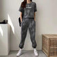 2PCS Women's Casual Suit Summer Korean Version Loose Tie-dye Sportswear Fitness Suit Two-piece Short-sleeved T-shirt Wide-leg Trousers Suit