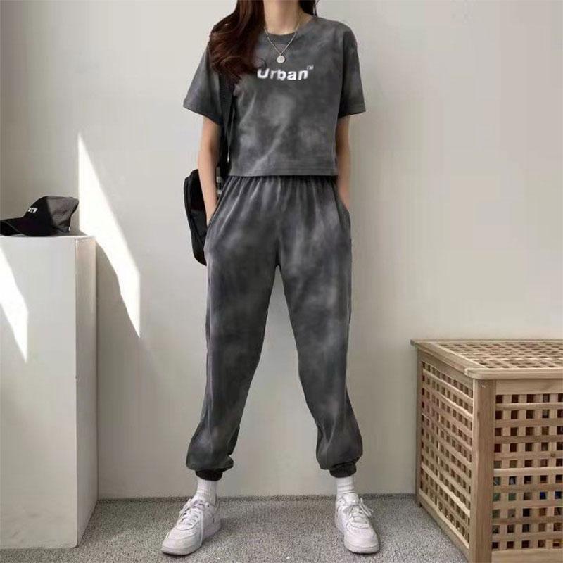 2PCS Women's Casual Suit Summer Korean Version Loose Tie-dye Sportswear Fitness Suit Two-piece Short-sleeved T-shirt Wide-leg Trousers Suit