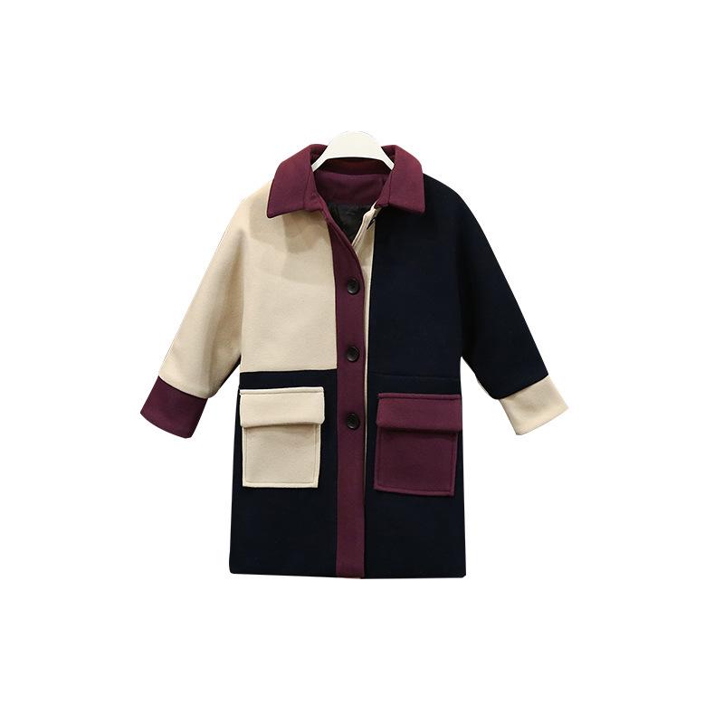 Girls' Wool Coats Children's Fashion Autumn and Winter Models Wool Casual Stitching Color Western Style Mid-length Woolen Coats