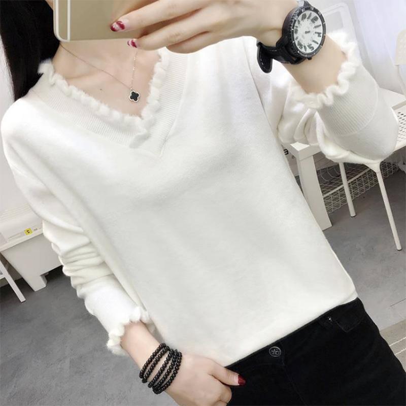 Solid Color Wild V-neck Sweater Knitted Bottoming Long-sleeved Loose Pullover Sweater